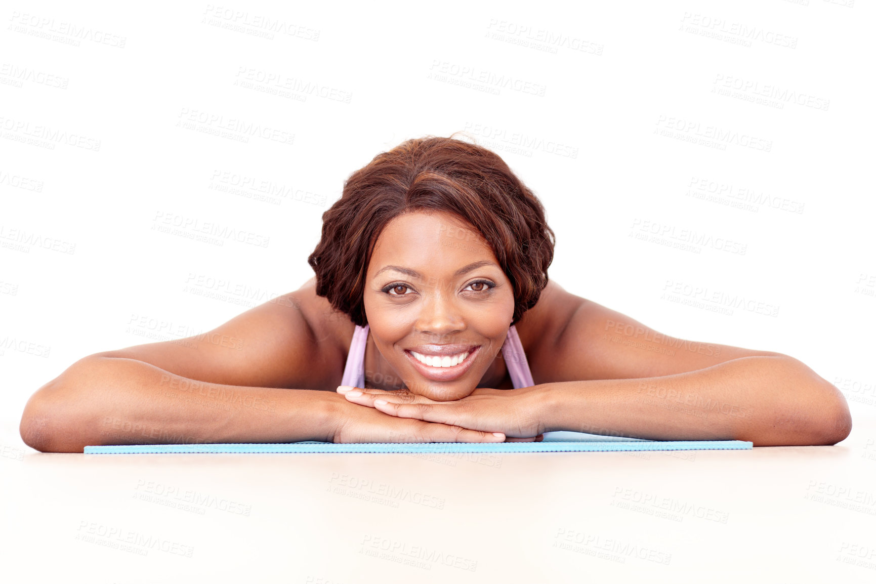 Buy stock photo Black woman, portrait and smile on yoga mat with fitness, exercise and workout in studio. White background, calm and break with a happy African female person with health and wellness rest on ground