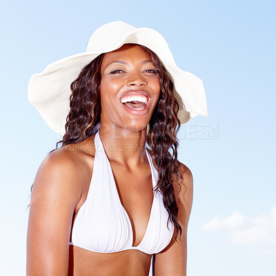 Buy stock photo Happy, bikini and relax with portrait of black woman at beach for summer, vacation and travel. Sunshine, smile and holiday with female tourist at seaside for tropical, ocean and blue sky mockup