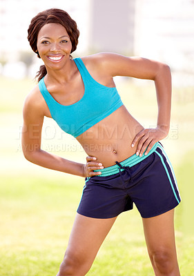 Buy stock photo Smile, stretching and portrait of black woman in park for workout, running challenge and body. Happy, fitness and sports with female runner in outdoors and warm up for health, exercise and training