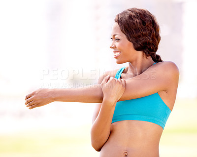 Buy stock photo Health, fitness and happy woman stretching arms outdoor for running, training or workout on blurred background. Smile, warm up and arm stretch by African lady runner in park for cardio run with space