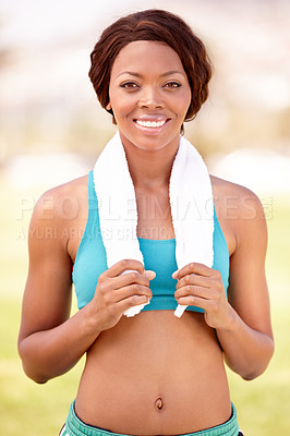 Buy stock photo Fitness smile, black woman and portrait with happiness from exercise and sport. Workout, African person and female face feeling healthy and happy from sports training and wellness empowerment