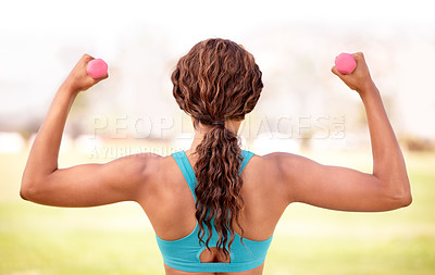 Buy stock photo Fitness, park and woman with dumbbell for exercise, body builder training and workout. Sport, weightlifting and back of female athlete with strong muscle for wellness, healthy lifestyle and wellbeing