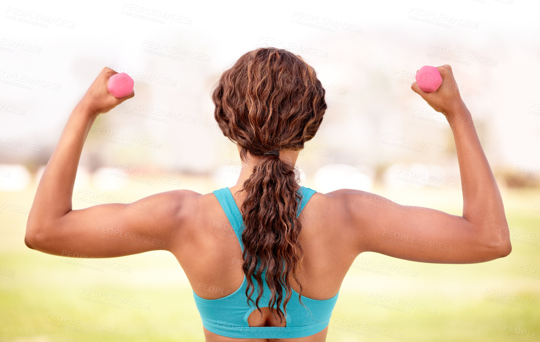 Buy stock photo Fitness, park and woman with dumbbell for exercise, body builder training and workout. Sport, weightlifting and back of female athlete with strong muscle for wellness, healthy lifestyle and wellbeing