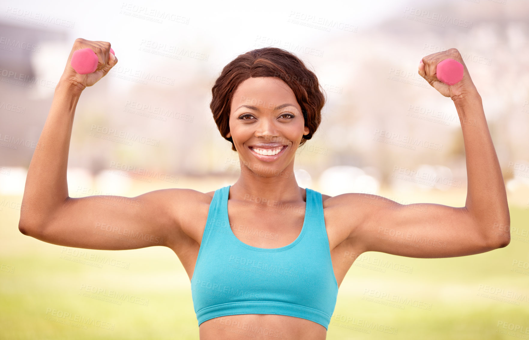 Buy stock photo Weights, fitness and portrait of black woman flex in park for exercise, body builder training and workout. Sports, happy and female athlete smile for weightlifting, healthy lifestyle or strong muscle