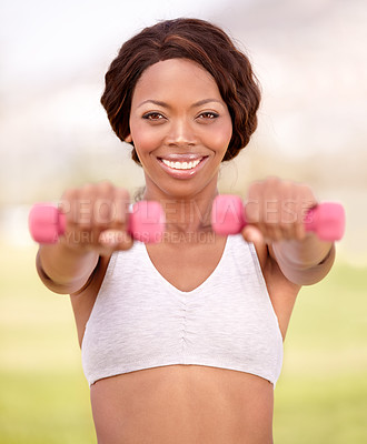 Buy stock photo Park, fitness and portrait of black woman with weights for exercise, body builder training and workout. Sports, dumbbell and happy female athlete smile for wellness, weightlifting and strong muscles