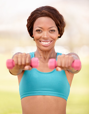 Buy stock photo African woman, dumbbell and outdoor portrait with smile, exercise and commitment with self care, Girl, training and fitness in park, garden or backyard for workout, wellness and health in lifestyle