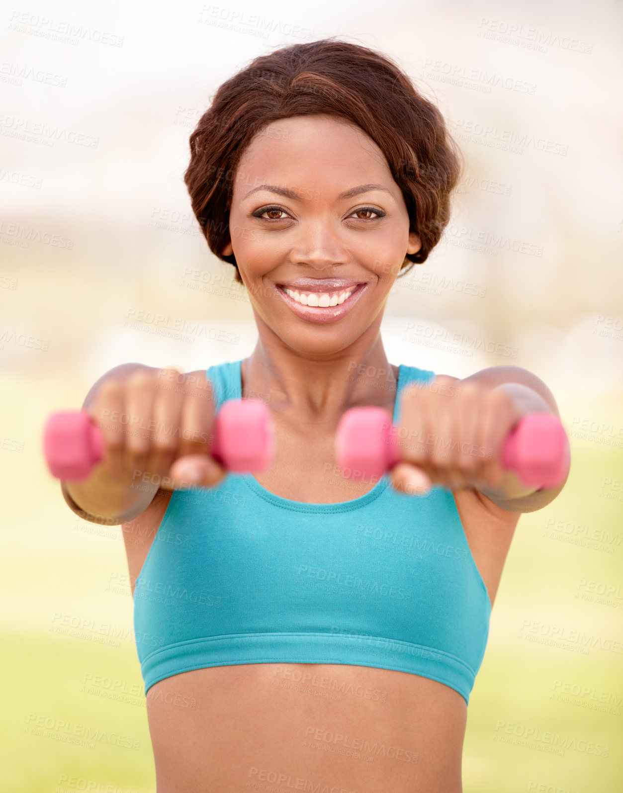 Buy stock photo African woman, dumbbell and outdoor portrait with smile, exercise and commitment with self care, Girl, training and fitness in park, garden or backyard for workout, wellness and health in lifestyle