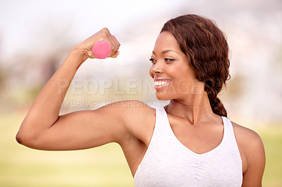 Buy stock photo Weights, exercise and black woman flex in park for fitness, body builder training and workout. Sport, strength and happy female athlete weightlifting for wellness, healthy lifestyle and strong muscle