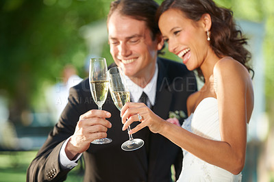 Buy stock photo Outdoor, champagne and bride with groom, hug and support with relationship, romance and celebration. Romantic, outside or man with woman, marriage or happiness with love, cheers or wedding with smile