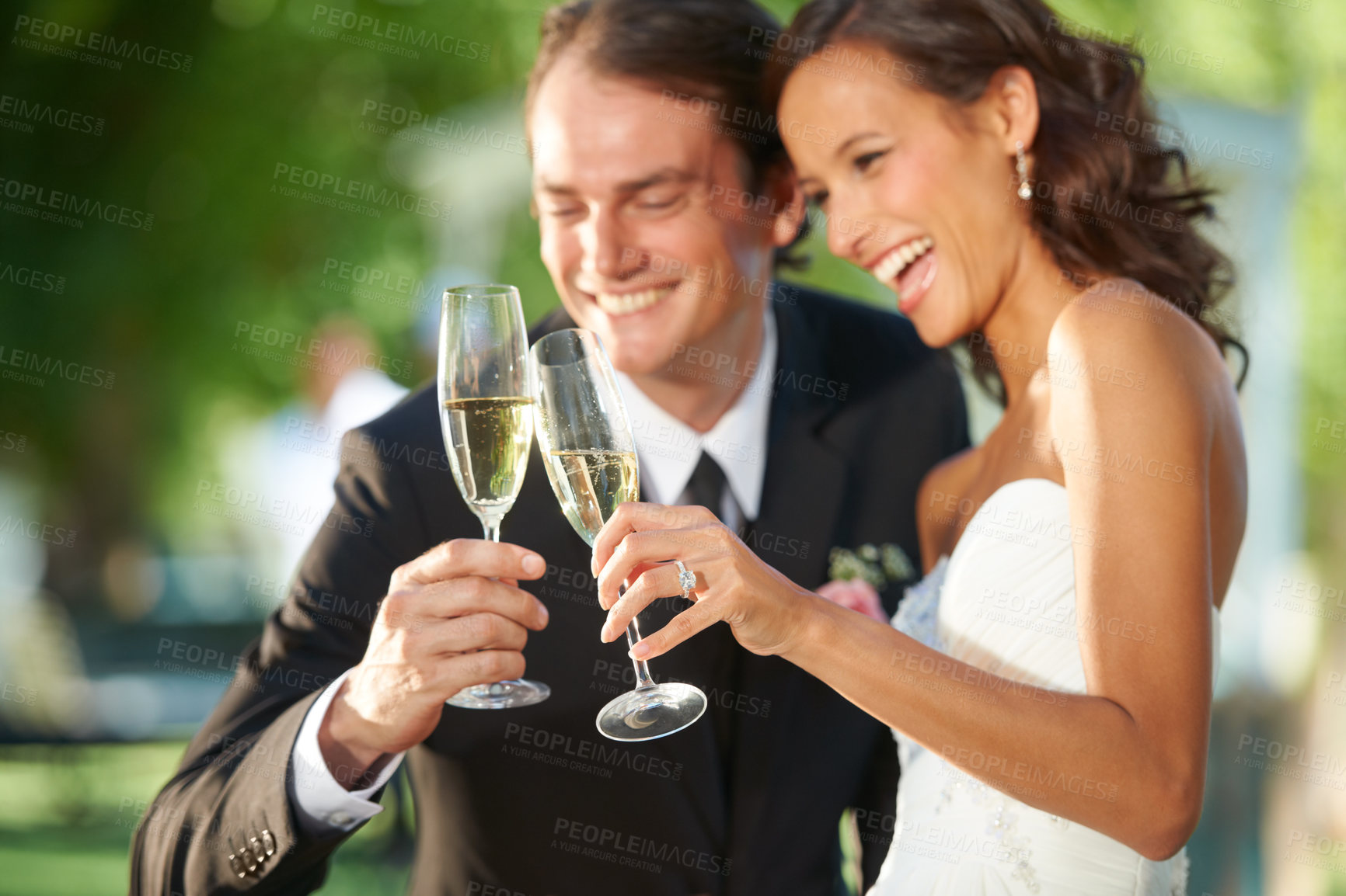 Buy stock photo Outdoor, champagne and bride with groom, hug and support with relationship, romance and celebration. Romantic, outside or man with woman, marriage or happiness with love, cheers or wedding with smile