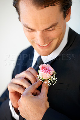 Buy stock photo Groom man, boutonniere or flowers with hands for suit for pride, smile or ready at wedding, party or celebration. Person, excited or rose on tuxedo for thinking, prepare or happy for marriage event