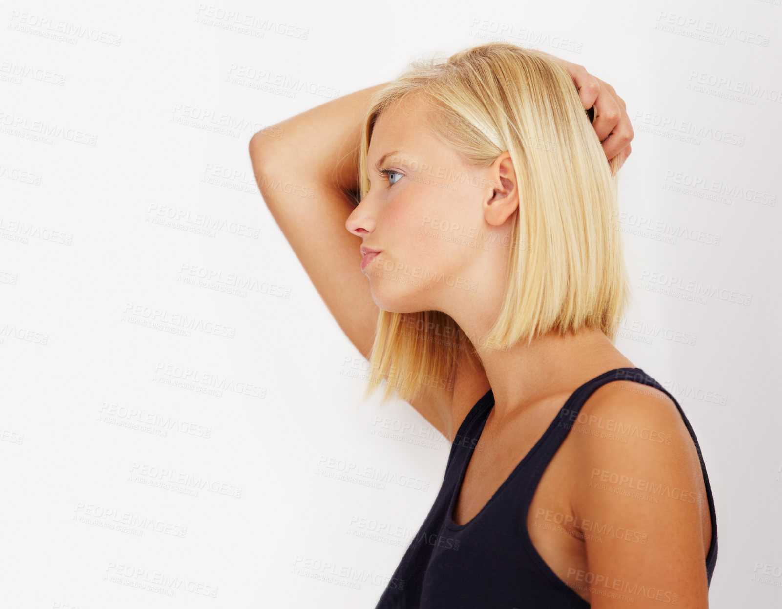 Buy stock photo Depression, thinking and profile of woman, sad and tired in studio isolated on a white background mockup space. Serious, frustrated person and girl with trauma anxiety, mental health crisis or stress