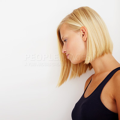 Buy stock photo Stress, thinking and profile of woman, sad and tired in studio isolated on a white background mockup space. Serious, frustrated person and girl with trauma anxiety, mental health crisis or depression