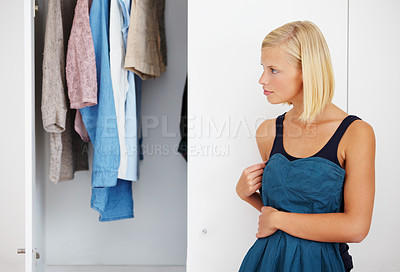 Buy stock photo Woman, mirror or choosing clothes in closet for morning routine, fashion or clothing in bedroom of home. Person, outfit selection or decision for dress, garment idea or style in wardrobe or apartment