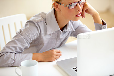 Buy stock photo Business woman, bored and exhausted at work, laptop and burnout or mental health in office. Female person, tired and stress for connection issues, glitch and slow internet, frustrated and anxiety