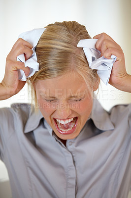 Buy stock photo Business woman, stress and screaming or angry, burnout and mental health or depression, mad and fail. Female person, frustrated and crumpling papers in hands, noise and shout for mistake in office