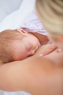 Buy stock photo Closeup, woman and baby for breastfeeding in bedroom for hunger, food and nutrition in health. Motherhood, love and bonding in relationship for care, trust or support of growth, development or future