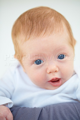 Buy stock photo Closeup, baby and portrait with person in bedroom for childcare, holding or comfort. Infant, hope or new life for love, trust or support of milestone for future, growth or child development with bond