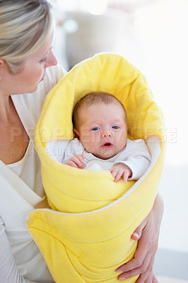 Buy stock photo Mother, parent and baby with blanket, love or bonding together in a bed with happiness, laughing and care. Mom, kid and single mum in a home, relax or maternal with little newborn, infant or child