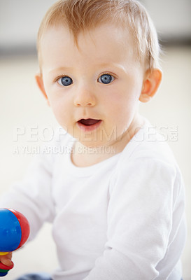 Buy stock photo Happy, playing and baby with toys on floor in home for child development, health and growth. Family, youth and closeup of young infant in living room for educational, motor skills and wellness
