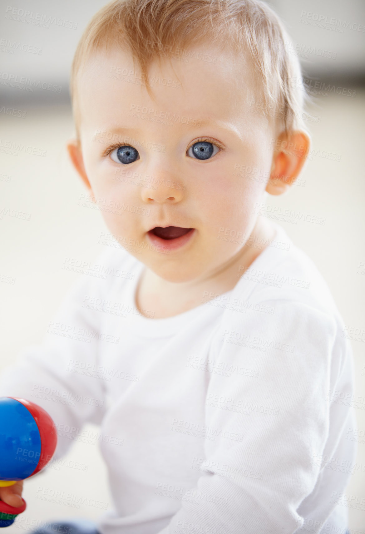 Buy stock photo Happy, playing and baby with toys on floor in home for child development, health and growth. Family, youth and closeup of young infant in living room for educational, motor skills and wellness