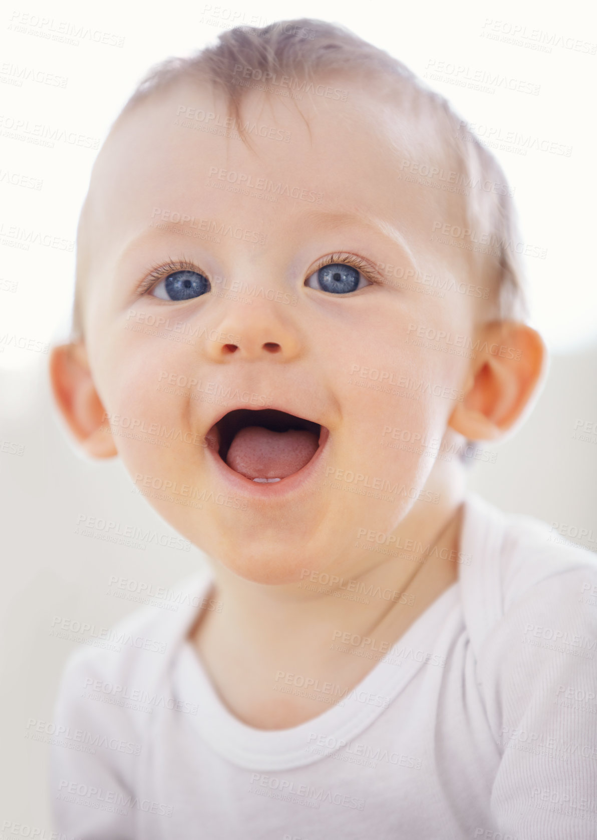 Buy stock photo Home, happy and face of baby relax, resting and calm in nursery for sleeping or wake up in morning. Family, youth and closeup of infant newborn in bedroom for child development, growth and wellness