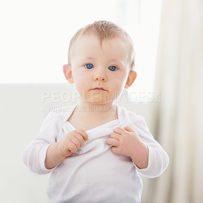 Buy stock photo Home, bed and portrait of baby relax, resting and calm in nursery for health or wake up in morning. Family, youth and face of infant newborn in bedroom for child development, growth and wellness