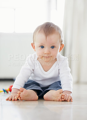Buy stock photo Home, playing and face of baby on floor to relax, resting and calm in nursery learning to crawl in morning. Family, youth and young infant in bedroom for child development, growth and wellness