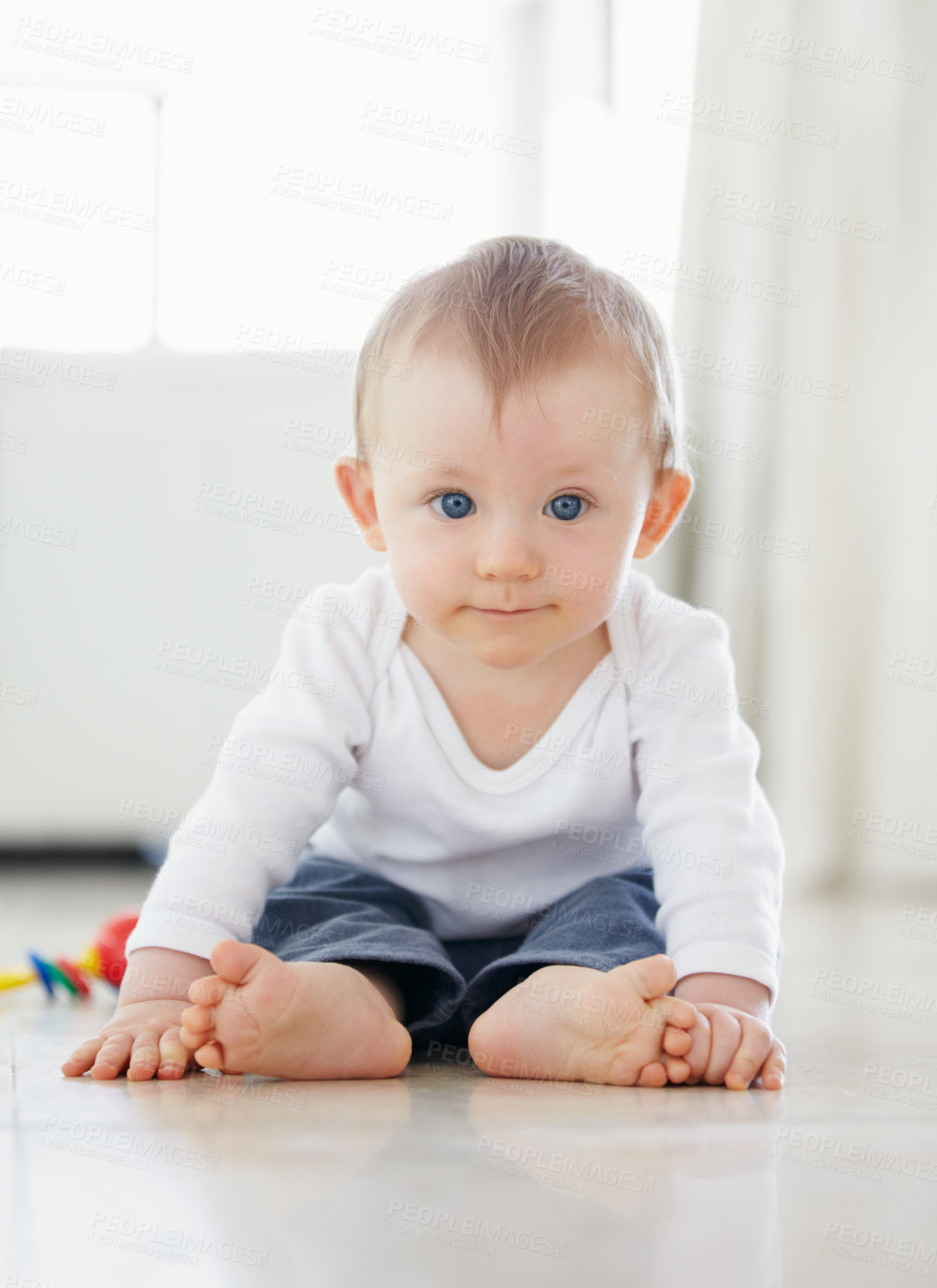 Buy stock photo Home, playing and face of baby on floor to relax, resting and calm in nursery learning to crawl in morning. Family, youth and young infant in bedroom for child development, growth and wellness