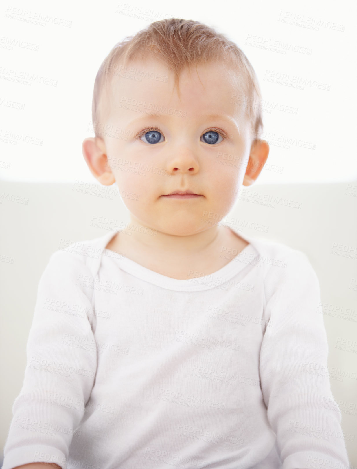 Buy stock photo Home, bed and portrait of baby relax, resting and calm in nursery for sleeping or wake up in morning. Family, youth and face of infant newborn in bedroom for child development, growth and wellness