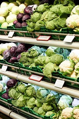 Buy stock photo Food, grocery and health with fresh produce in supermarket for sale, nutrition and retail. Shopping, natural and offer with organic vegetables on shelf of store for diet, purchase and salad products