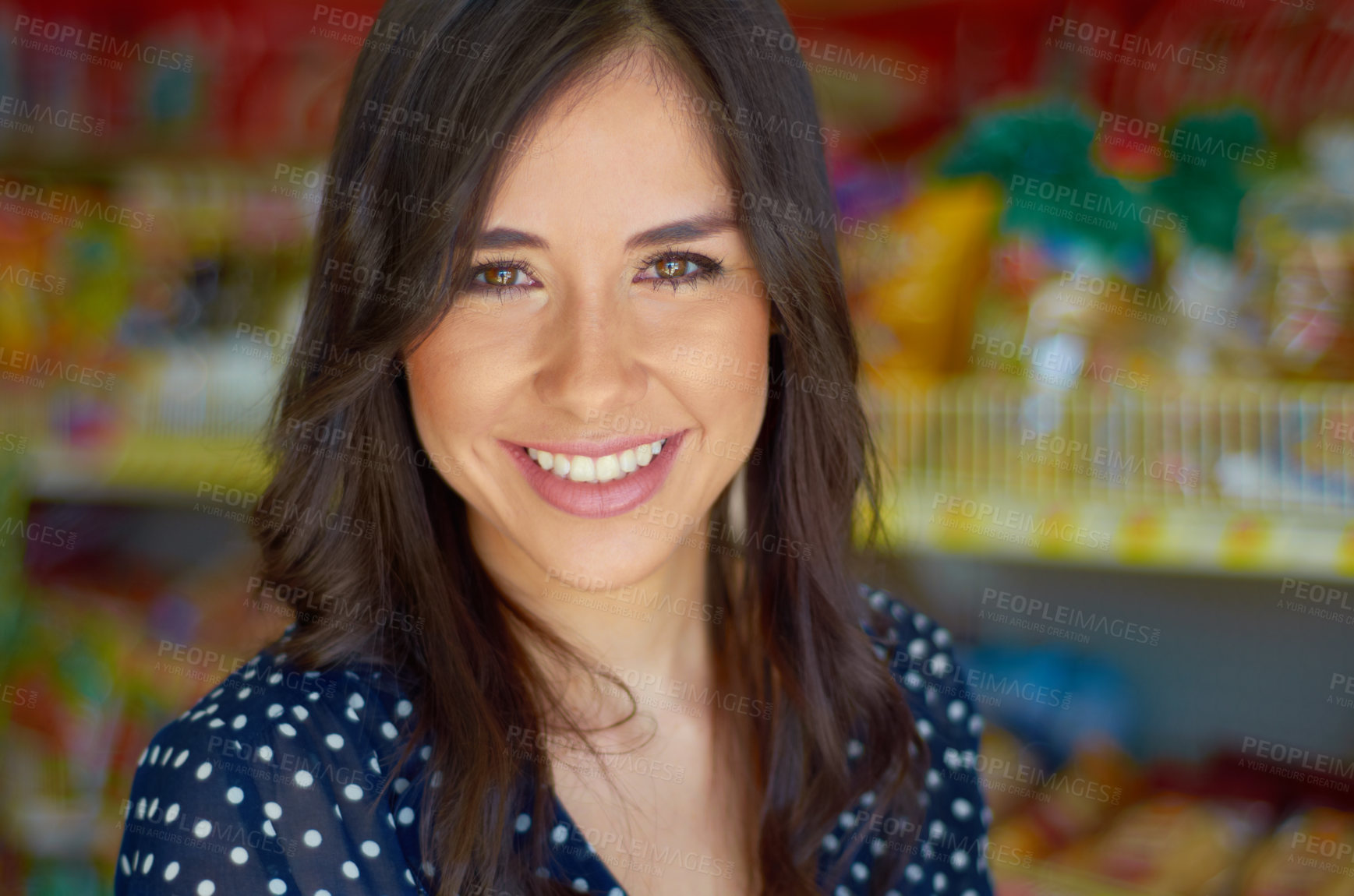Buy stock photo Young woman, portrait and smile in grocery store for shopping, discount and sale for customer experience. Shop owner, small business and female entrepreneur in supermarket with pride, happy and goals