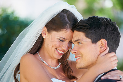 Buy stock photo Love, man and carrying woman at wedding, event or nature union ceremony in commitment, partnership or loyalty. Smile, happy and fashion bride, groom or couple in marriage hug, celebration or romance