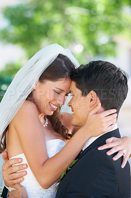 Buy stock photo Groom, bride and wedding day hug outdoor with love, care and excited for commitment, union or trust. Love, happy and couple embrace outside marriage ceremony with support, security or romantic event