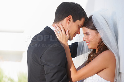 Buy stock photo Wedding, hug and bride with groom outdoor for love, care and excited for life event, union or trust. Love, happy and couple outside for marriage ceremony with support, security and excited for future