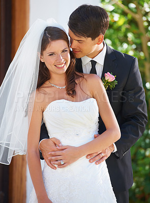 Buy stock photo Wedding, couple and woman portrait with love, smile and happy from celebration of bride and groom. Outdoor, commitment and trust ceremony with care and suit for marriage with support and romance