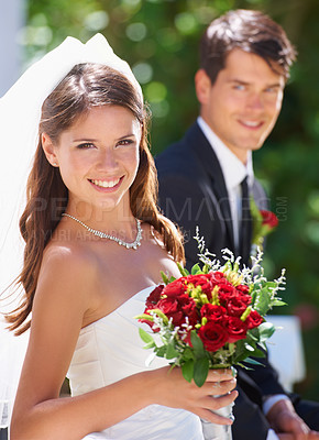 Buy stock photo Happy couple, portrait and wedding with bouquet of roses for love, care or just married at outdoor ceremony. Face of bride and groom smile for marriage, engagement or commitment together with flowers