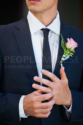 Buy stock photo Man, groom and hands with wedding ring for marriage, commitment or symbol of love, trust or care. Closeup of married male person in suit with flower and jewelry for vow, promise or engagement event