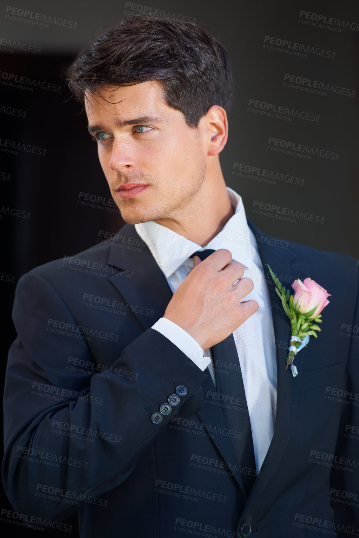 Buy stock photo A handsome groom wearing a pink rose on his jacket isolated on a black background