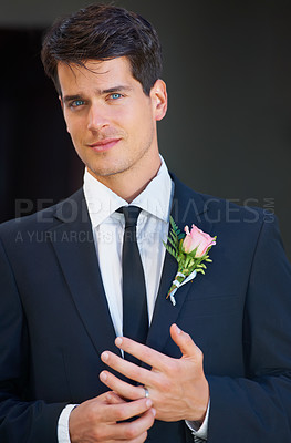 Buy stock photo Groom man, portrait and wedding in suit, rose or flower for celebration, event or party with ring. Person, hands and face with choice, marriage and commitment to relationship with floral decoration