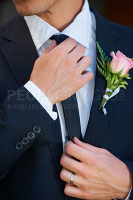 Buy stock photo Man, groom and closeup of fashion, formal and elegant suit or stylish for wedding, commitment or care. Male person, zoom and ready for ceremony, marriage and commitment in relationship or event