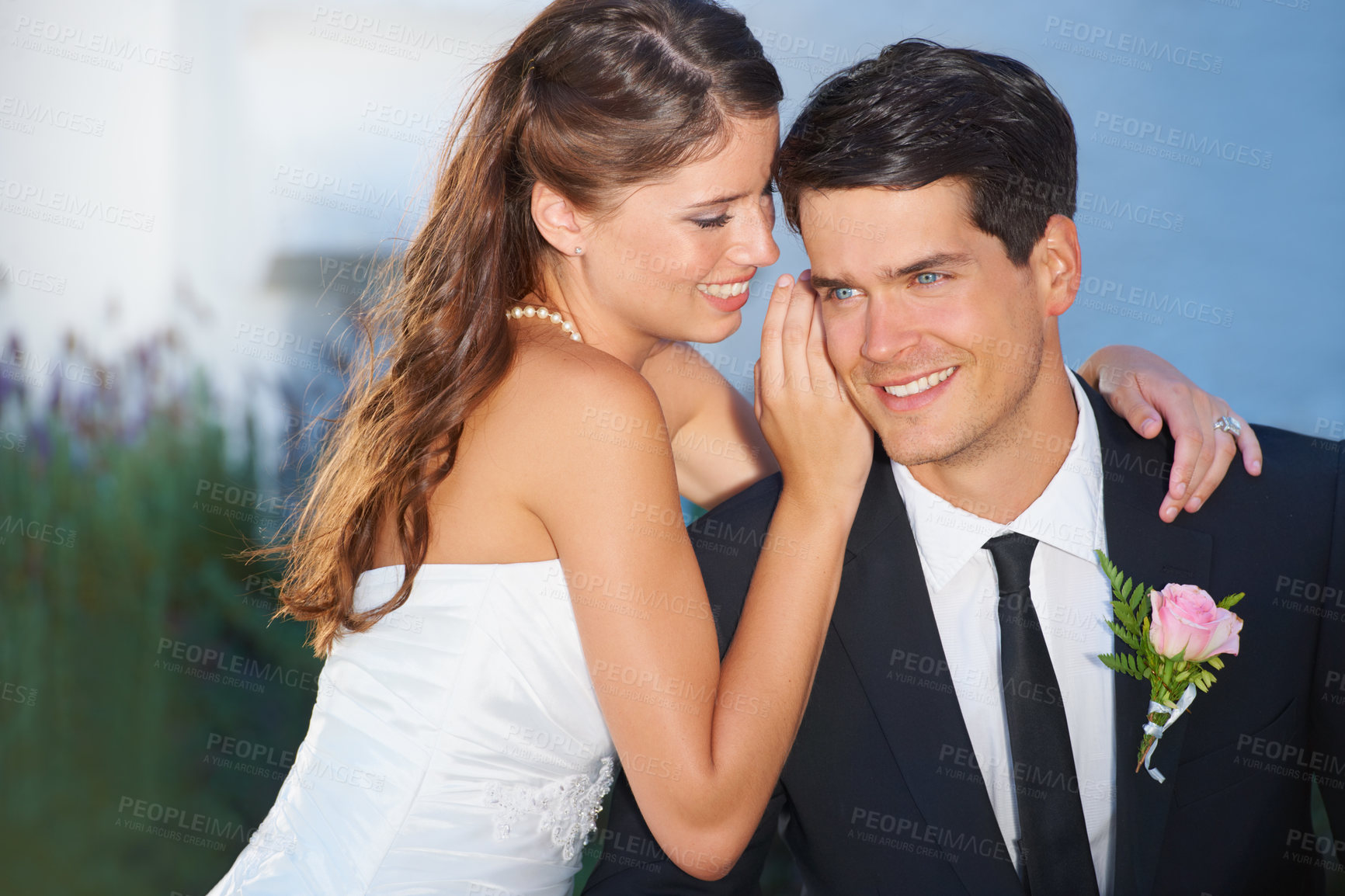 Buy stock photo Woman, man and whisper at wedding, smile and thinking outdoor with secret, story and love with romance. Couple, marriage and happy with talking, gossip or news with care, commitment and celebration