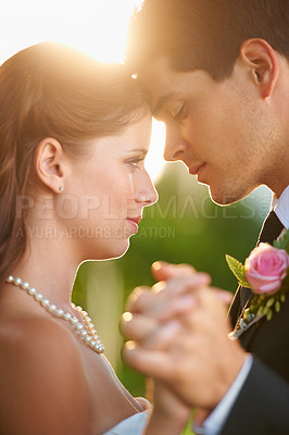 Buy stock photo Wedding day, dance and bride and groom holding hands with love, trust and solitude, security and respect. Marriage, commitment and couple together and ceremony for romantic, celebration or gratitude