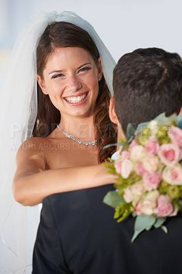 Buy stock photo Portrait, couple embrace at wedding with smile, love and commitment at fun reception together. Romance, face of woman and man hugging at marriage celebration with happiness, loyalty and laughing.