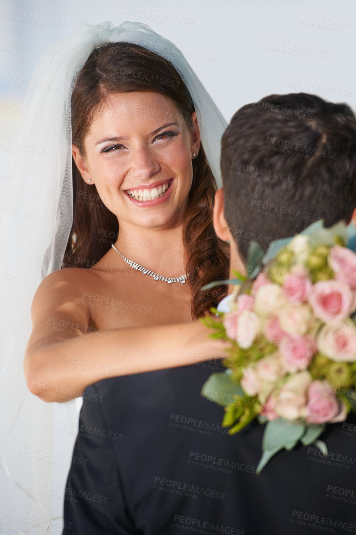 Buy stock photo Portrait, couple embrace at wedding with smile, love and commitment at fun reception together. Romance, face of woman and man hugging at marriage celebration with happiness, loyalty and laughing.