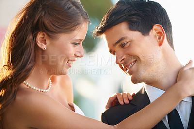 Buy stock photo Bride woman, hug groom and wedding with smile, care and excited with love, care and fresh start in sunshine. Couple, memory and commitment to marriage in summer, outdoor and together for celebration