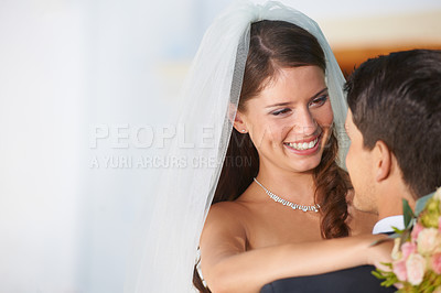 Buy stock photo Smile, bride and groom hugging at wedding with mockup, love and commitment at reception. Romance, face of woman and man in embrace at marriage celebration with happiness, loyalty and future together.