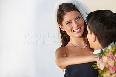 Buy stock photo Portrait, happy man and woman hugging at wedding with smile, love and commitment at reception. Mockup, face of bride and groom in embrace at marriage celebration with fun, loyalty and future together