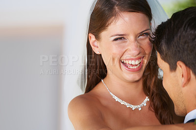Buy stock photo Portrait of a delighted young bride embracing her husband