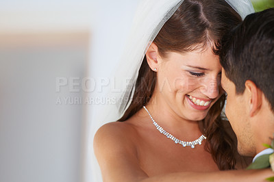 Buy stock photo Romance, happy couple and hug at wedding with love, smile and commitment at reception. Partnership, woman and man in embrace at marriage celebration with bride, groom and hope for future together.